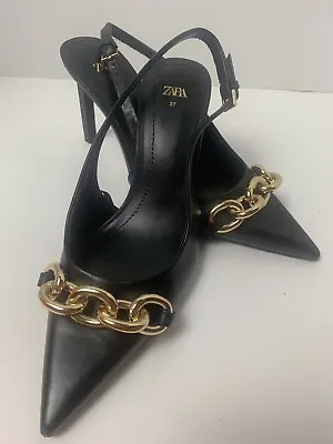 Zara Heeled Slingback Leather Stiletto Heel Gold Chain Women's EU 37 US 6.5 • $30