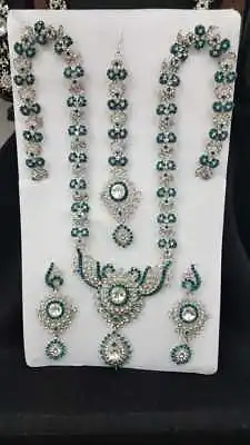 New Long Indian Necklace Earrings Tikka Jewellery Set Silver Pink Ferozi Green • £17.89