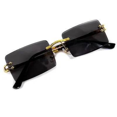 Vintage Men's Black Tint Rectangle Luxury Gold Frame Fashion Rimless Sunglasses • $15.99