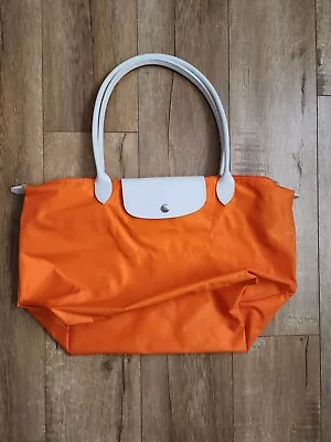 RARE Sarah Morris Longchamp Le Pliage Folding Nylon Tote Large Orange 18x10x8 • $99.99