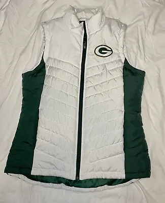 Green Bay Packers Puffer Vest Women's Medium Full Zip Sleeveless White Green • $26.99