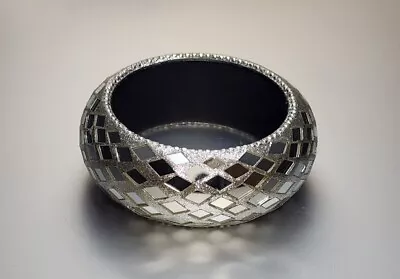 1970s Mirrored Vintage Chunky Bangle Bracelet Silver Tone Mosaic Disco Retro  • $20