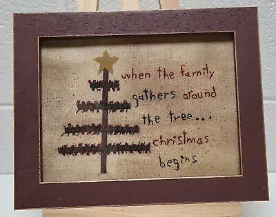 Vintage Hand Embroidered Picture Christmas Tree Family Sentiment Framed • $15