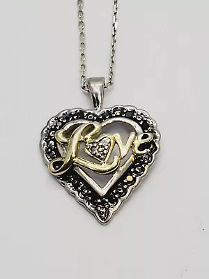Zales Sterling Silver W/ Black & Clear Diamond Heart Love Pendant Necklace (36) • $34.50