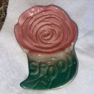 Vintage Pink Rose Flower Pottery Spoon Rest Morton? USA Shabby Cottage • $11