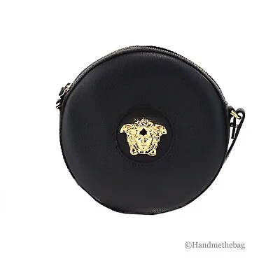 Versace Round Disco Black Pebbled Leather Camera Case Crossbody Bag Purse • $579