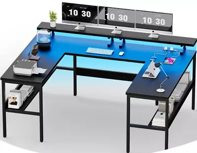 U-Shaped Office Gaming Desk Black Customizable LED Lights Power Outlet Shelves • $242.88