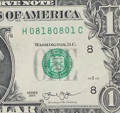 Trinary Fancy Serial Number One Dollar Bill H08180801C FW Print 0s 1s 8s • $6.99