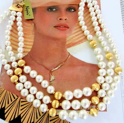 VTG LUXE RUNWAY TRIPLE STRAND NAPIER LARGE FAUX PEARL GOLD BEAD NECKLACE 80s Tag • $97.99
