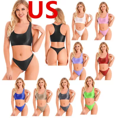 US Women Tank Top With Low Rise Micro Tanga Lingerie Oil Glossy Bikini Racerback • $10.22