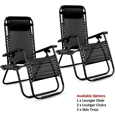2x Zero Gravity Folding Reclining Chair Garden Adjustable Sun Lounger Side Tray • £7.85