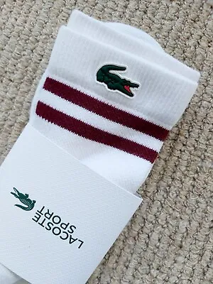 Genuine LACOSTE White Burgundy Cushioned SOCKS 9-11  43-46 Tennis RA1095 Lac5 • £35