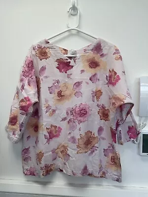 Sahara Pale Pink Floral Linen Cotton Boxy Blouse Top Size M • £34.99