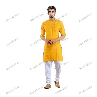 Mens Kurta Traditional Fashion Cotton Clothing Color Yellow • £17.33