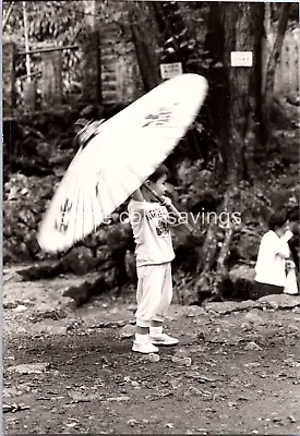 VTG Japanese Found Photo - 60s 70s - Little Boy Holds A Large Umbrella At A Park • $5.99
