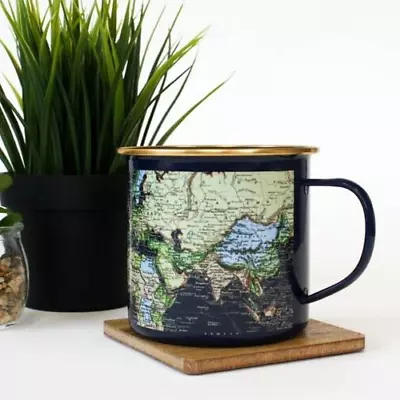 Gift Republic World Map Mug Enamelware Metal Coffee Cup Dark Blue Atlas Print X2 • $24.95