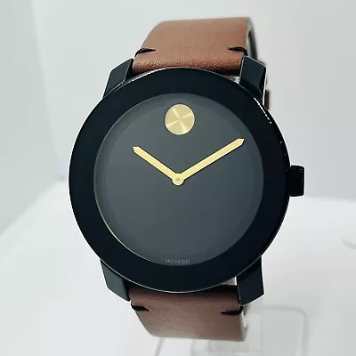 Movado BOLD Men's Black Steel Gold Dot Leather 42mm Swiss Made Watch 3600305 • $200