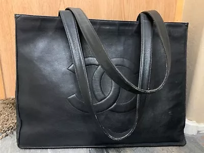 Authentic Vintage CHANEL Tote Bag Coco Mark Black Leather • $700