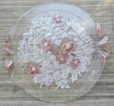 Vintage Large Platter Mikasa Rosella Pink Rose Frosted Crystal Walther Glass • $27