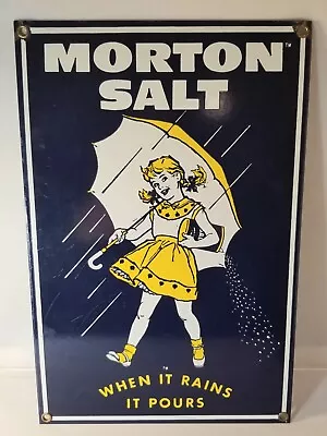 Ande Rooney Porcelain Enameled Sign-MORTON SALT WHEN IT RAINS IT POURS • $49