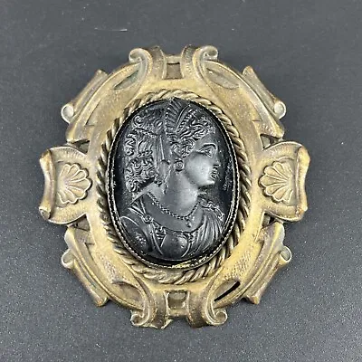 Antique Victorian Jet Black Vulcanite & Bronze Cameo Mourning Brooch Pin 2  • $99.99