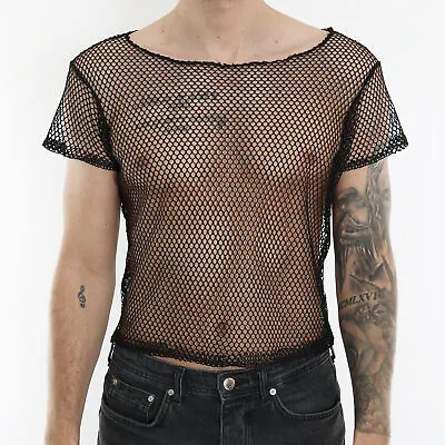 Mens Fishnet Mesh Crop Top Short Sleeve String Tank Vest Muscle Clubwear Pride • £12.99