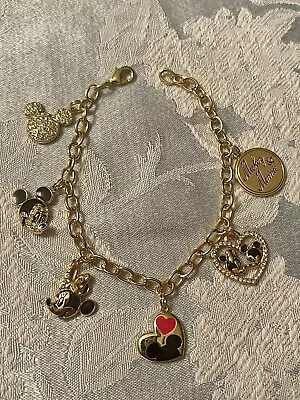 DISNEY Mickey Mouse & Minnie 90 YEARS Birthday Charm Bracelet Gold-Tone QVC • $22.99