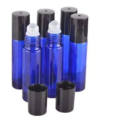 6 Bottles Cobalt Blue 1/3 Oz10 Ml GLASS Roll On Bottle With Black Cap & Roller • $6.99