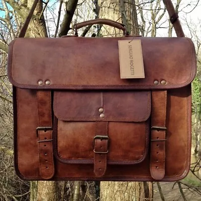 Large Mens Genuine Vintage Brown Leather Messenger Bag Shoulder Laptop Briefcase • $58