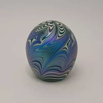 VTG Sign Vandermark 1977 Pulled Feathered Iridescent Swirl Art Glass Paperweight • $160