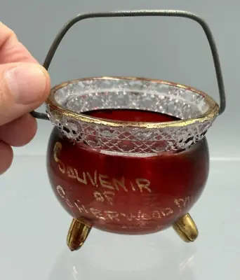 Antique SHERWOOD MICHIGAN Souvenir Ruby Flash Pattern GLASS Footed Kettle • $14.95