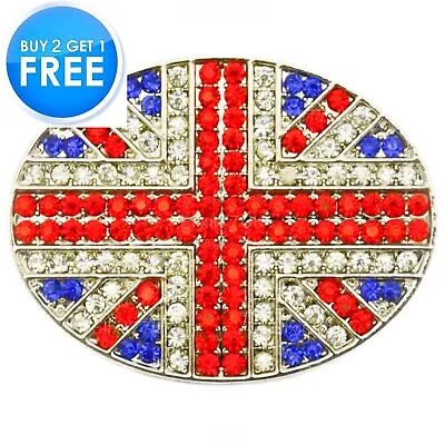 New Uk Union Jack Flag Red Blue Diamante Crystals Pin Back Silver Brooch Badge • £6.45