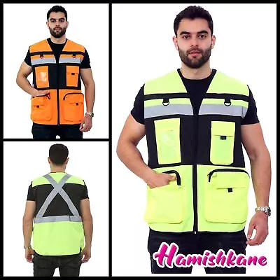 Hi Vis Visibility Vest High Viz Safety Waistcoat Mens Multi Pockets Work Jackets • £19.95