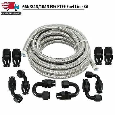 6/8/10AN Stainless Steel PTFE Fuel Line 20ft 10 Fittings Hose Kit E85 Silver • $53.99