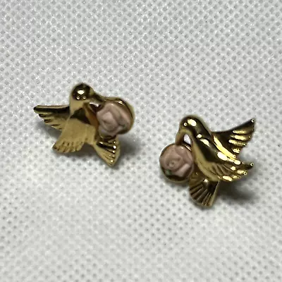 Vintage Gold Tone Dove Pierced Earrings Pink Rose • $9.99