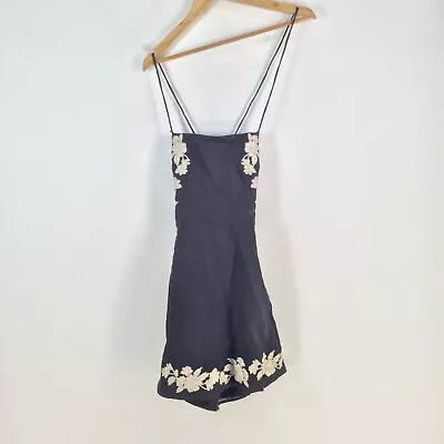 Zimmermann Womens Mini Dress Size 1 Aus 8 Black Floral Embroidery Linen 080904 • $57.87
