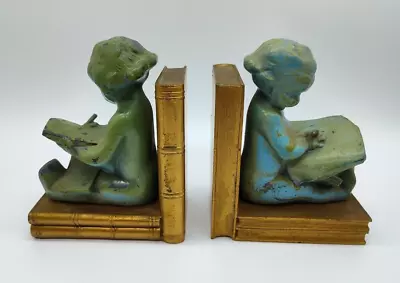 Vintage Art Deco Child Writing On Books Metal Bookends Set Turquoise Gold Paint • $80