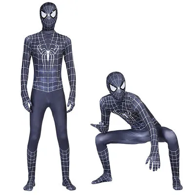 Men Boys BLACK Spiderman Costume Cosplay Party Superhero Fancy Dress Jumpsuit • £12.15