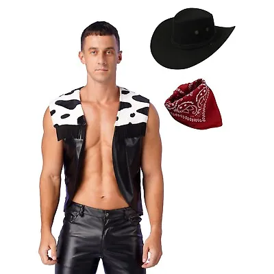 Mens Cowboy Sleeveless Vest Adult Waistcoat Short Costume Wild Bandanna Tassel • $23.09