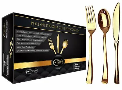 $25.99 • Buy JL Prime 300 Heavy Duty Disposable Gold Plastic Silverware Set For Party Wedding