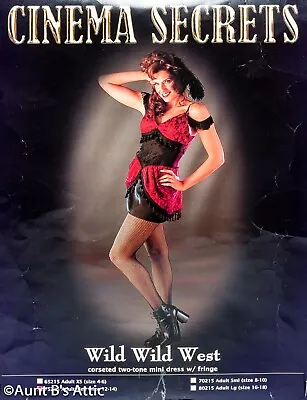 Western Saloon Girl Costume Sexy Red/Blk Satin & Lace Short Fringed Dress Md • $34.98