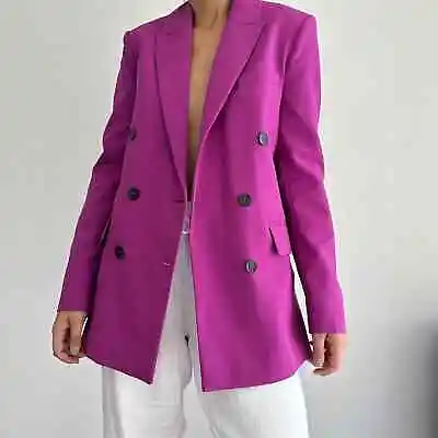 $100 • Buy NEW Zara Blazer Womens XS Double Breasted Oversized Menswear Jacket Magenta Pink