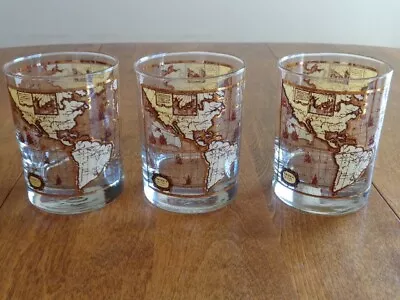 Vintage Old World Map Double Old Fashioned Glasses Lot Of 3 • $29.95