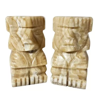 Pair Vintage Bookends Carved Aztec Mayan Tiki Stone Onyx Marble Statue Heavy • $40