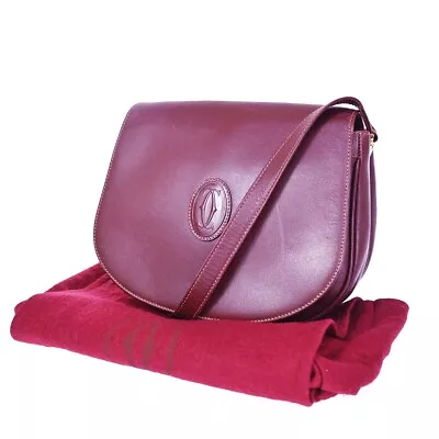 MUST DE CARTIER 2C Logos Shoulder Bag Leather Bordeaux Gold-Plated Italy 66DA016 • $188.10