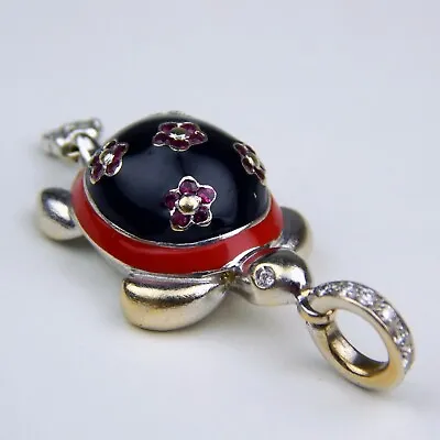 Aaron Basha 18 Kt White Gold Enamel Ruby & Diamond Turtle Charm Pendant 6509 • $1225