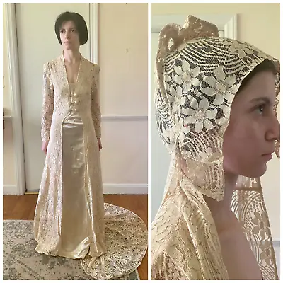 Antique Wedding Dress 1920s 1930s Gown Liquid Satin With Ecru Lace Coat Veil • $1600