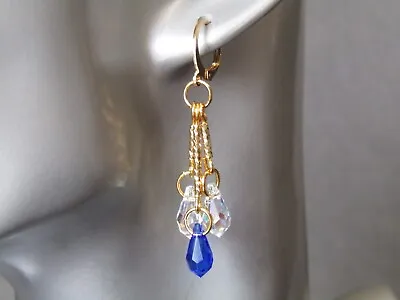 £16.99 • Buy Swarovski AB & Blue Crystal Teardrop Fancy Cut Bar Gold Huggie Hoop Earrings 