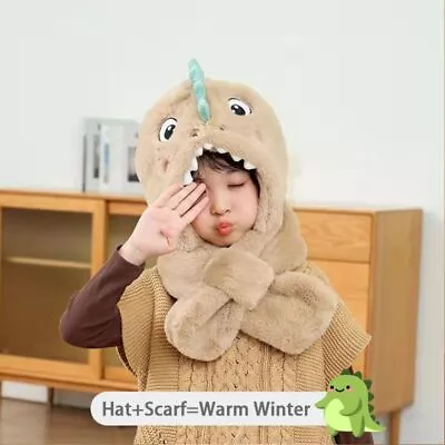 Fur Baby Scarf Cap Cartoon Dinosaur Warm Neck Hat Scarf Thicken Cap  Boys Girls • $20.81