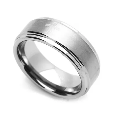 Men 8MM Comfort Fit Tungsten Carbide Wedding Band Cross Engraved Flat Ring • $39.99